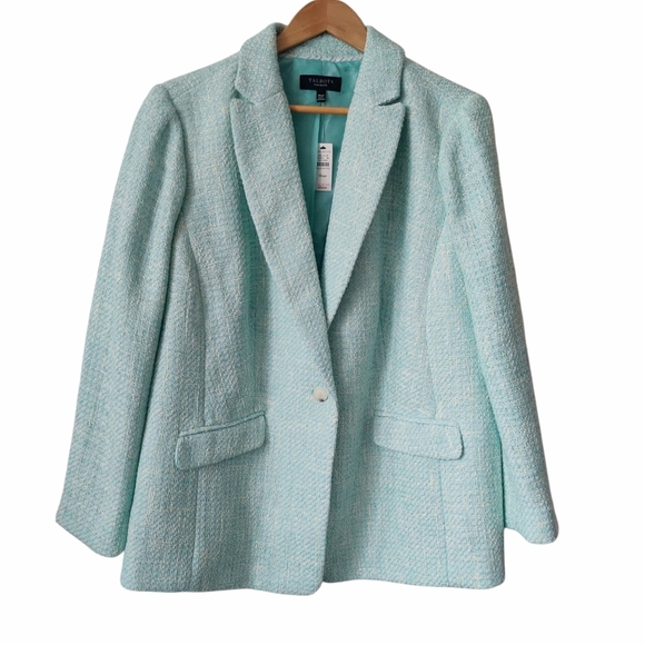 TALBOTS Tailored Tweed Blazer 18W-Petite Aqua Blue/Green One Button Jacket - Picture 1 of 12